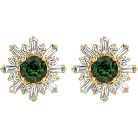 Green Tourmaline and Diamond Starburst Stud Earrings