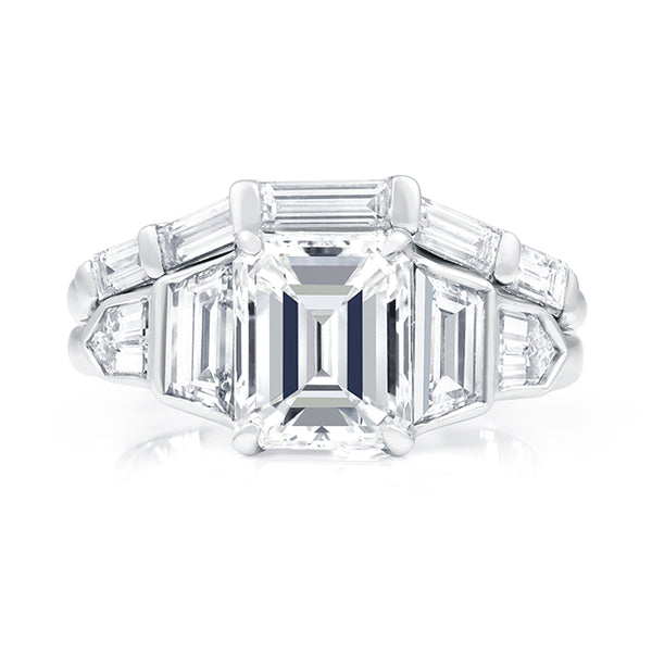 5 CTW Emerald Cut 5 Stone Diamond Engagement Ring and Baguette Diamond Wedding Band