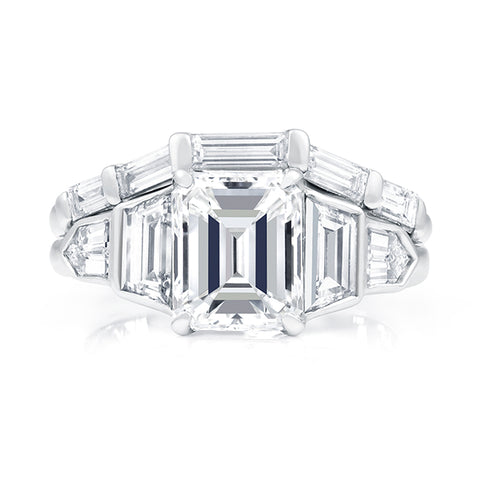 5 CTW Emerald Cut 5 Stone Diamond Engagement Ring and Baguette Diamond Wedding Band