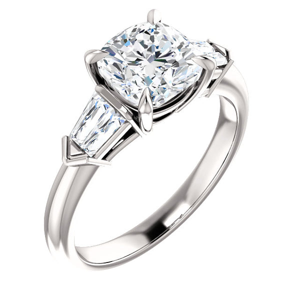 Cushion Cut Diamond Engagement Ring with Tapered Baguettes