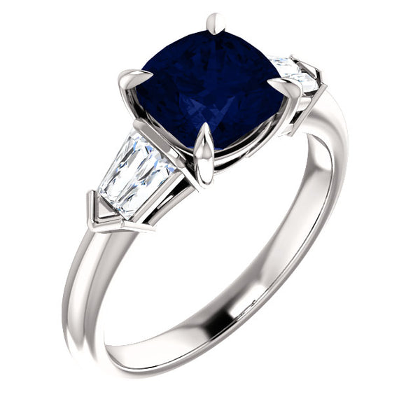 Cushion Cut Sapphire Engagement Ring with Tapered Baguettes