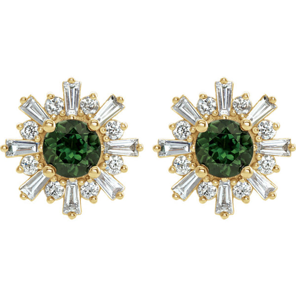 Green Tourmaline and Diamond Starburst Stud Earrings