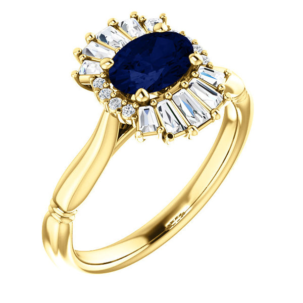 Vintage Style Blue Sapphire and Diamond Baguette Engagement Ring